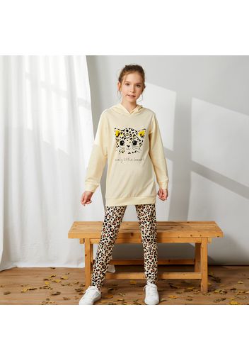 2-piece Kid Girl Letter Cat Print Ear Design Hoodie Sweatshirt and Leopard Print Pants Set