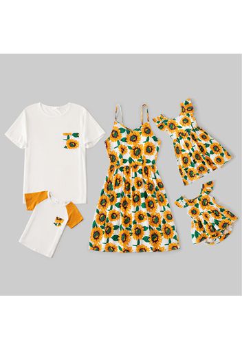 Sunflower Series Family Matching Sets(Sleeveless Mini Dresses for Mom and Girl ; Short Sleeve T-shirts for Dad and Boy)