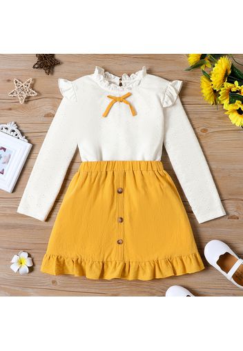 2pcs Kid Girl Ruffle Collar Bowknot Design Hollow out Flutter-sleeve White Top and Ruffled Button Design Skirt Set