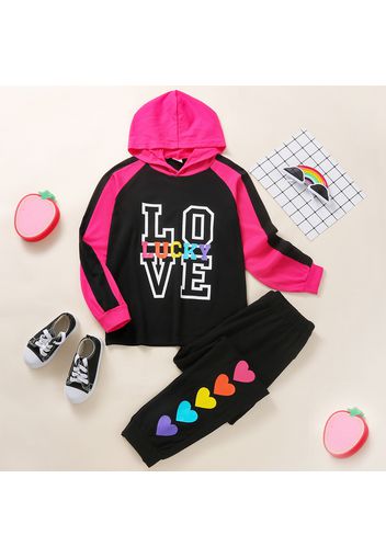 2-piece Kid Girl Letter Print Hoodie and Heart Print Pants Casual Set