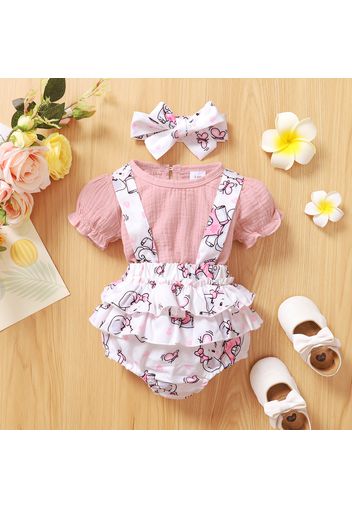 3pcs Baby Girl 100% Cotton Crepe Puff-sleeve Top and Cartoon Elephant Print Layered Suspender Skirt with Headband Set