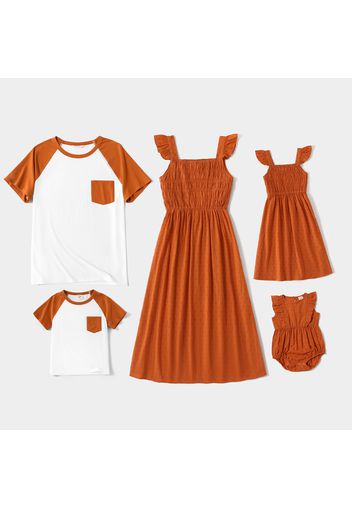 Family Matching 100% Cotton Square Neck Flutter-sleeve Shirred Dresses and Short Raglan Sleeve T-shirts Sets