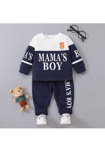 2pcs Baby Boy Cartoon Bear & Letter Print Colorblock Long-sleeve Sweatshirt and Sweatpants Set