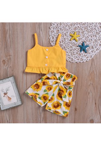 100% Cotton 2pcs Sunflower Print Bowknot Decor Sleeveless Baby Set