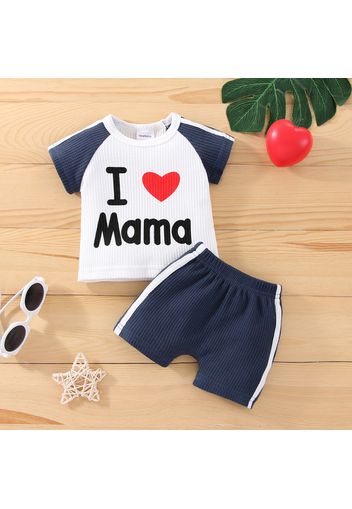 2pcs Baby Boy/Girl Love Heart and Letter Print Colorblock Short-sleeve Tee and Shorts Set