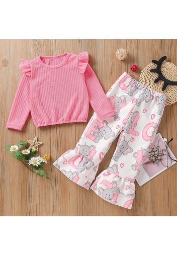 2-piece Toddler Girl Ruffled Waffle Long-sleeve Pink Top and Letter Elephant Print Flared Pants Set