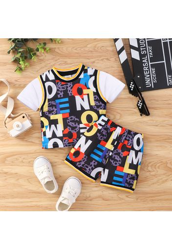 2pcs Baby Boy Faux-two Short-sleeve All Over Letter Print Top and Shorts Set