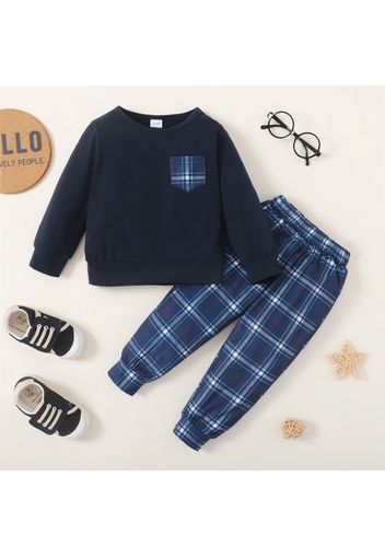 2-piece Toddler Boy Plaid Pocket Design Sweatshirt and Elasticized Pants Set