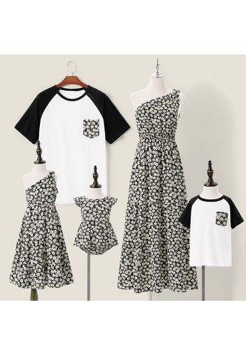 Family Matching All Over Floral Print One Shoulder Sleeveless Maxi Dresses and Raglan-sleeve T-shirts Sets