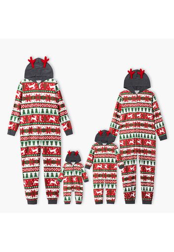 Family Matching Christmas All Over Print Red 3D Antlers Hooded Long-sleeve Onesies Pajamas Sets (Flame Resistant)