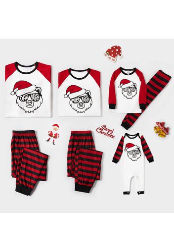 Christmas Cartoon Bear and Letter Print Family Matching Red Raglan Long-sleeve Striped Pajamas Sets