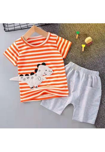 2pcs Toddler Boy Casual Dinosaur Embroidered Stripe Tee & Shorts Set