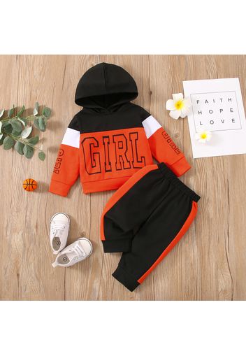 2pcs Baby Girl Letter Print Colorblock Long-sleeve Hoodie and Sweatpants Set