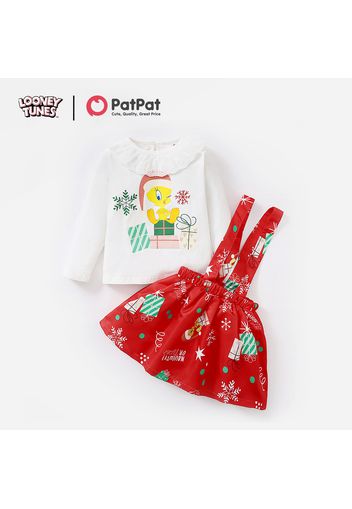 Looney Tunes 2-piece Toddler Girl Christmas Ruffled Collar Top and Allover Overalls Dress