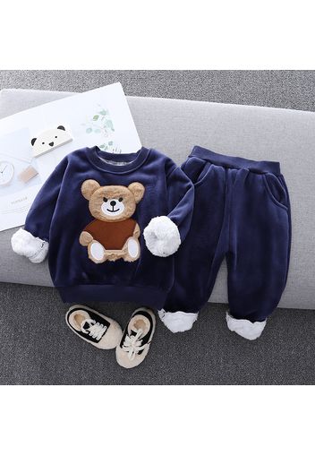 2pcs Baby Cartoon Bear Pattern Thickened Fleece Lined Grey Long-sleeve Pullover and Trousers Set