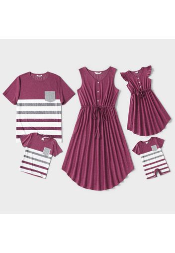 Family Matching Solid V Neck Sleeveless Button Up Drawstring Dresses and Striped Colorblock Short-sleeve T-shirts Sets