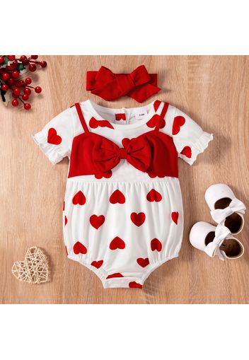 2pcs Baby Girl All Over Red Love Heart Print Faux-two Short-sleeve Bowknot Romper with Headband Set