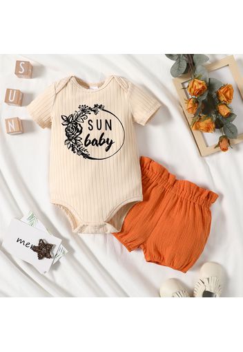 2pcs Baby Girl Letter Print Ribbed Short-sleeve Romper and 100% Cotton Crepe Shorts Set