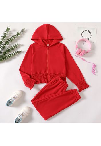 2-piece Kid Girl Solid Color Smocked Hem Zipper Hooded Jacket and Pants Set