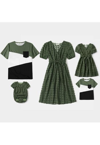 Family Matching Army Green Swiss Dots Cross Wrap V Neck Short-sleeve Dresses and Color Block T-shirts Sets