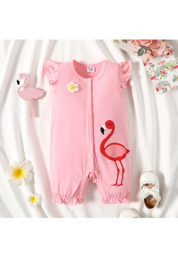 Baby Girl  Flamingo Print Pink Flutter-sleeve Snap Romper