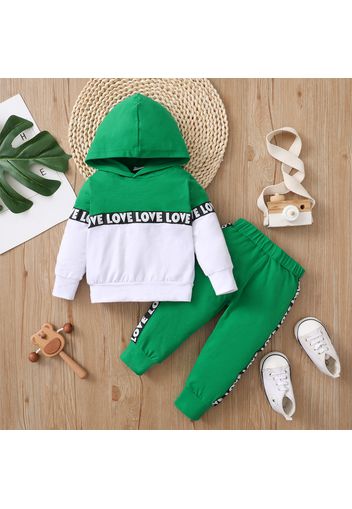 2pcs Letter Print Splice Color Block Hooded Long-sleeve Baby Set