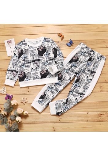 2-piece Kid Girl Butterfly Letter Allover Print Pullover Sweatshirt and Pants Set