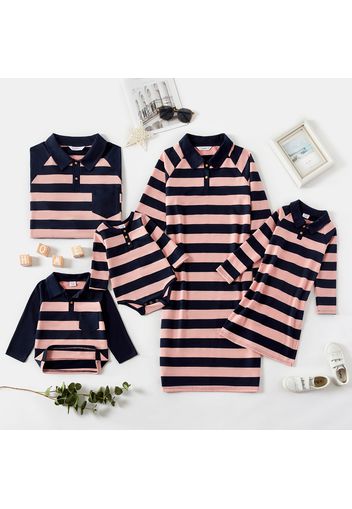 Family Matching Striped Lapel Long-sleeve Dresses and Raglan-sleeve Polo Shirts Sets