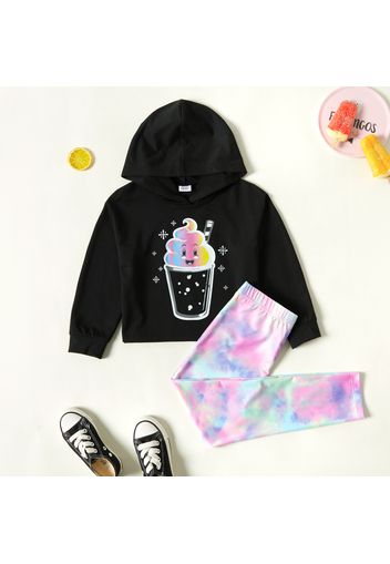 2-piece Kid Girl Food Print Black Hoodie and Tie Dye Leggings Set