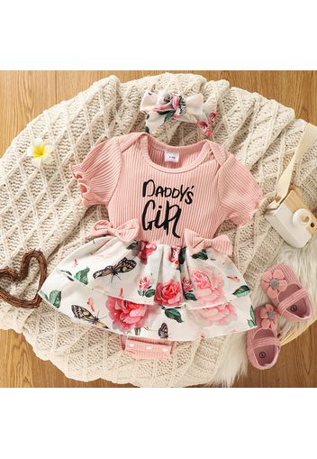 2pcs Baby Girl Letter Print Pink Ribbed Puff-sleeve Splicing Floral Print Layered Romper with Headband Set