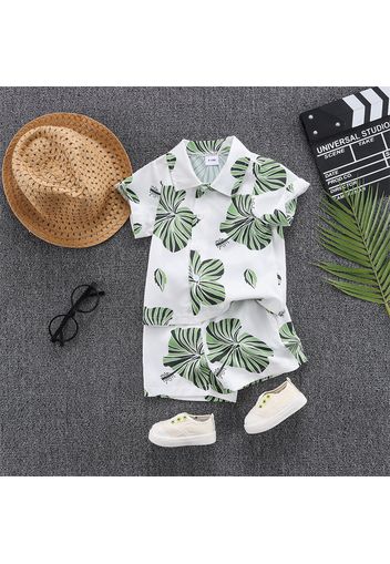 3pcs Baby Boy All Over Lotus Leaf Print Short-sleeve Button Up Shirt and Shorts with Straw Hat Set