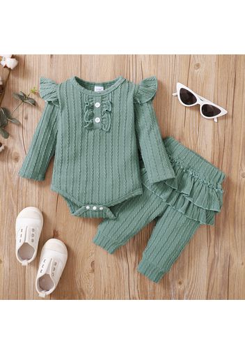 2pcs Baby Girl Solid Cable Knit Long-sleeve Romper and Layered Ruffle Trousers Set