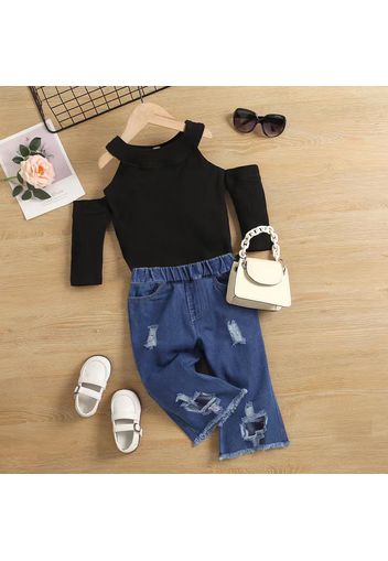 2pcs Toddler Girl Trendy Ripped Denim Jeans and Cold Shoulder Long-sleeve Tee Set