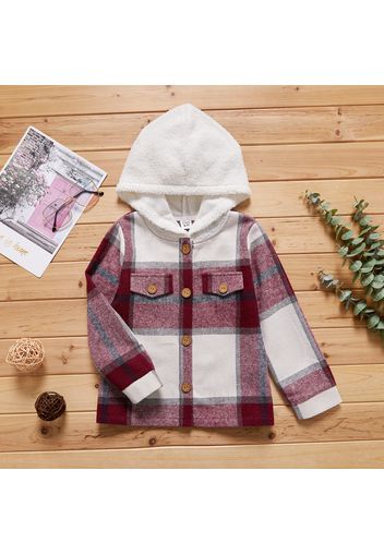 Trendy Kid Girl Plaid Fuzzy Hooded Button Design Jacket Coat