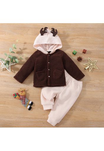 2pcs Baby Boy/Girl Coffee Thickened Fleece Long-sleeve Hooded Coat and Waffle Trousers Set