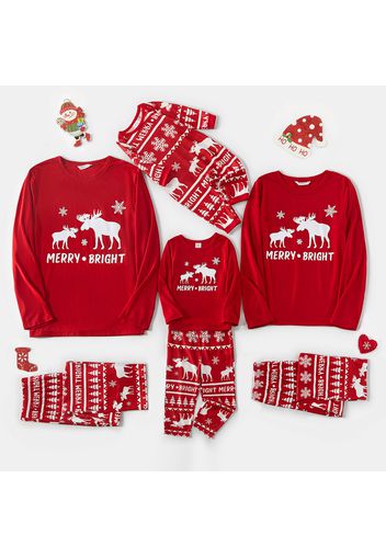 Christmas Reindeer and Letter Print Red Family Matching Long-sleeve Pajamas Sets (Flame Resistant)