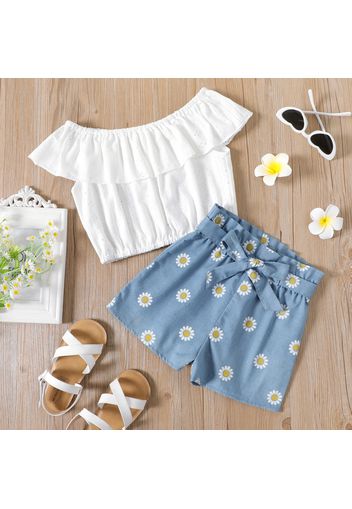 2-piece Kid Girl Flounce Hollow out Sleeveless White Tee and Belted Floral Print Denim Shorts Set