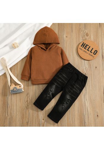 2-piece Baby Boy Waffle Hoodie Sweatshirt and 100% Cotton Ripped Denim Jeans Set