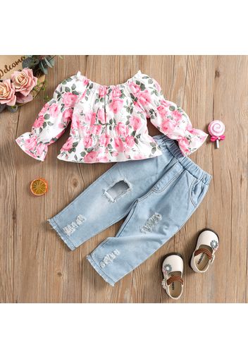 2pcs Baby Girl Floral Print Off Shoulder Lantern Sleeve Top and 100% Cotton Ripped Jeans Set