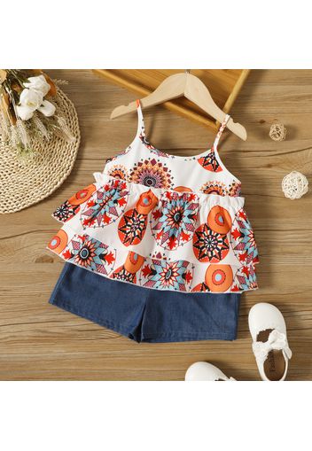 2pcs Toddler Girl Exotic Boho Layered Camisole and Denim Shorts Set