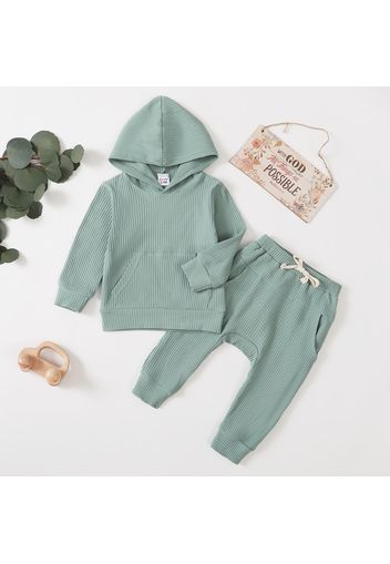 Ribbed 2pcs Solid Hooded Long-sleeve Baby Set