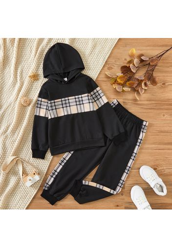 2-piece Kid Boy Plaid Colorblock Hoodie Sweatshirt and Pants Set