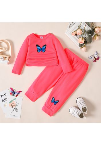 2pcs Baby Girl Butterfly Print Long-sleeve Ruched Tee and Sweatpants Set