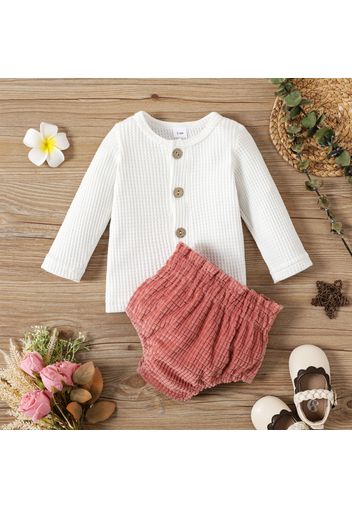 2pcs Baby Boy/Girl Solid Waffle Button Up Long-sleeve Top and Corduroy Shorts Set