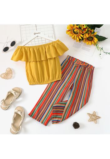 Pretty Solid Flounced Collar Top and Striped Pants Set