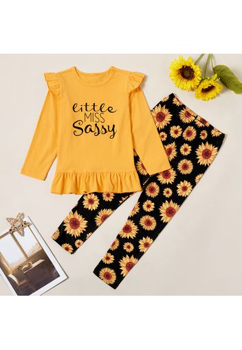 2-piece Kid Girl Letter Print Ruffled Long-sleeves Tee and Sunflower Allover Print Pants Set