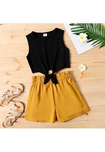 2pcs Kid Girl Tie Knot Sleeveless Tee and Elasticized Paperbag Shorts Set