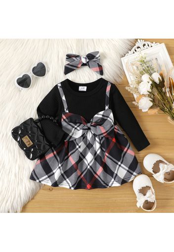 2pcs Baby Girl 95% Cotton Long-sleeve Faux-two Plaid Bow Front Dress with Headband Set