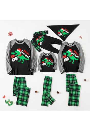 Family Matching Christmas Dinosaur and Green Plaid Print Long-sleeve Pajamas Sets (Flame Resistant)
