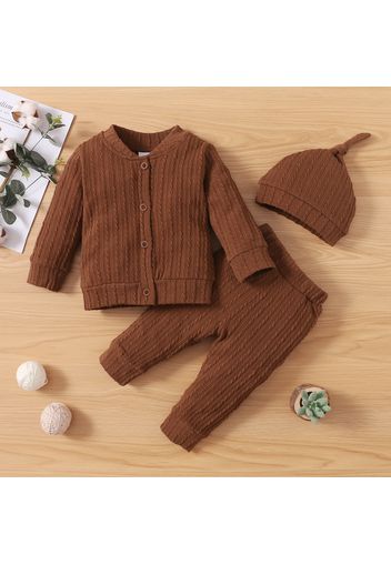 3-piece Baby Girl/Boy Solid Color Cable Knit Textured Sweater, Elasticized Pants and Knotted Cap Set